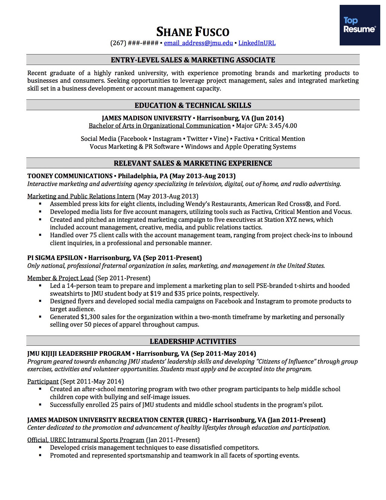 Sample resume without experience